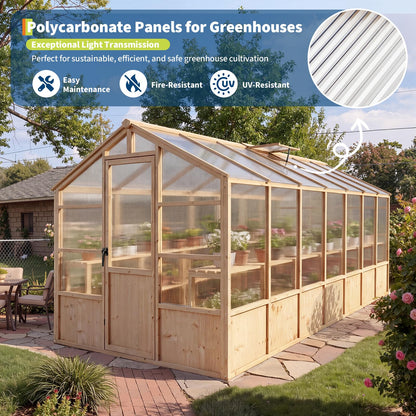 GarveeLife 8'x14' Wooden Greenhouse for Outdoor, Large Walk-in Greenhouse Kit with Ventilated Window, Door & Polycarbonate Panels, Heavy Duty Wood Frame Green House for Patio Garden Backyard