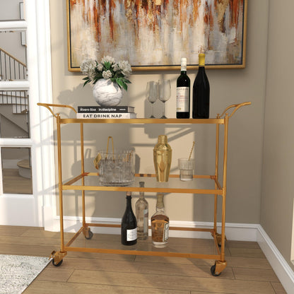 Deco 79 Metal Rolling 3 Glass Shelves Bar Cart with Lockable Wheels, 38" x 14" x 31", Brass