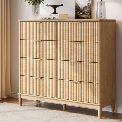 LINSY HOME Fluted Dresser for Bedroom with 8 Drawers, 47" Wide Mid Century Modern Dressers, Tall Boho Chest of Drawers, Large Wood Accent Storage Cabinet for Living Room, Curved Profile Design, Oak