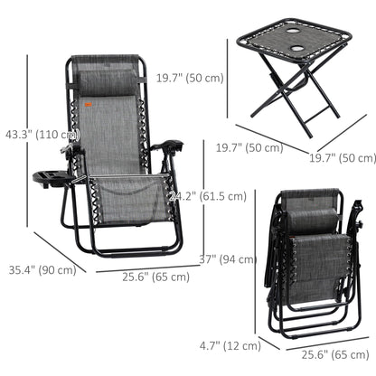 Outsunny Zero Gravity Chair Set with Side Table, Folding Reclining Chair with Cupholders & Pillows, Adjustable Lounge Chairs for Pool, Backyard, Lawn, Beach, Gray