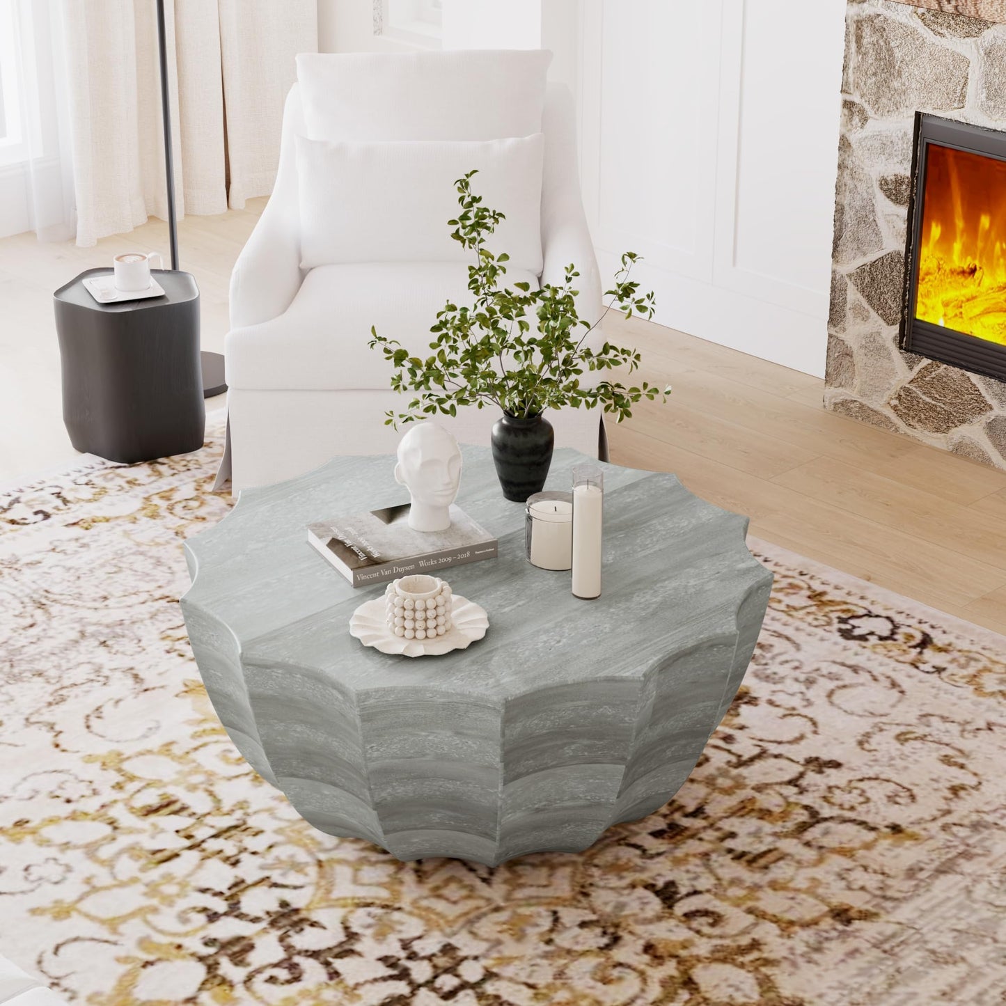GDFStudio 35.43" Modern Indoor Outdoor Coffee Table, Waterproof Cement Round Table, MgO Concrete Circle Side Table, Creative Small Table for Patio Backyard Living Room, Fully Assembled, Marble+White
