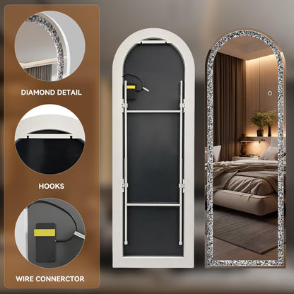 WINNICE 71"×24" Full-Length Mirror with Lights- Arch Crystal Crush Diamond Wall Mounted Hanging Diamond Mirror Leaning for Living Room Bedroom