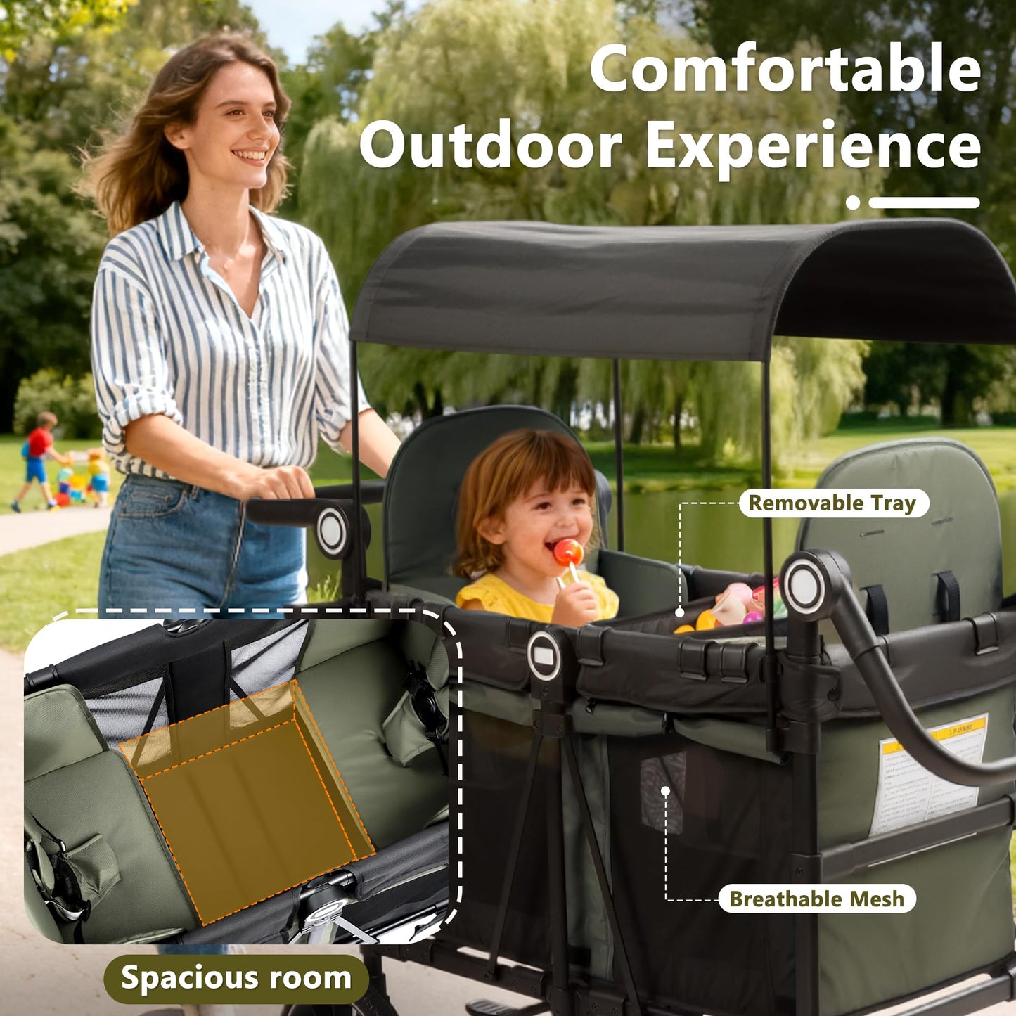 Kinder King Wagon Stroller for 2 Kids, All-Terrain Foldable Outdoor Stroller Wagon 2 Seater, Removable Canopy, Adjustable Handle, Shock-Absorbing Wheel, Detachable Tray, Large Storage, Green