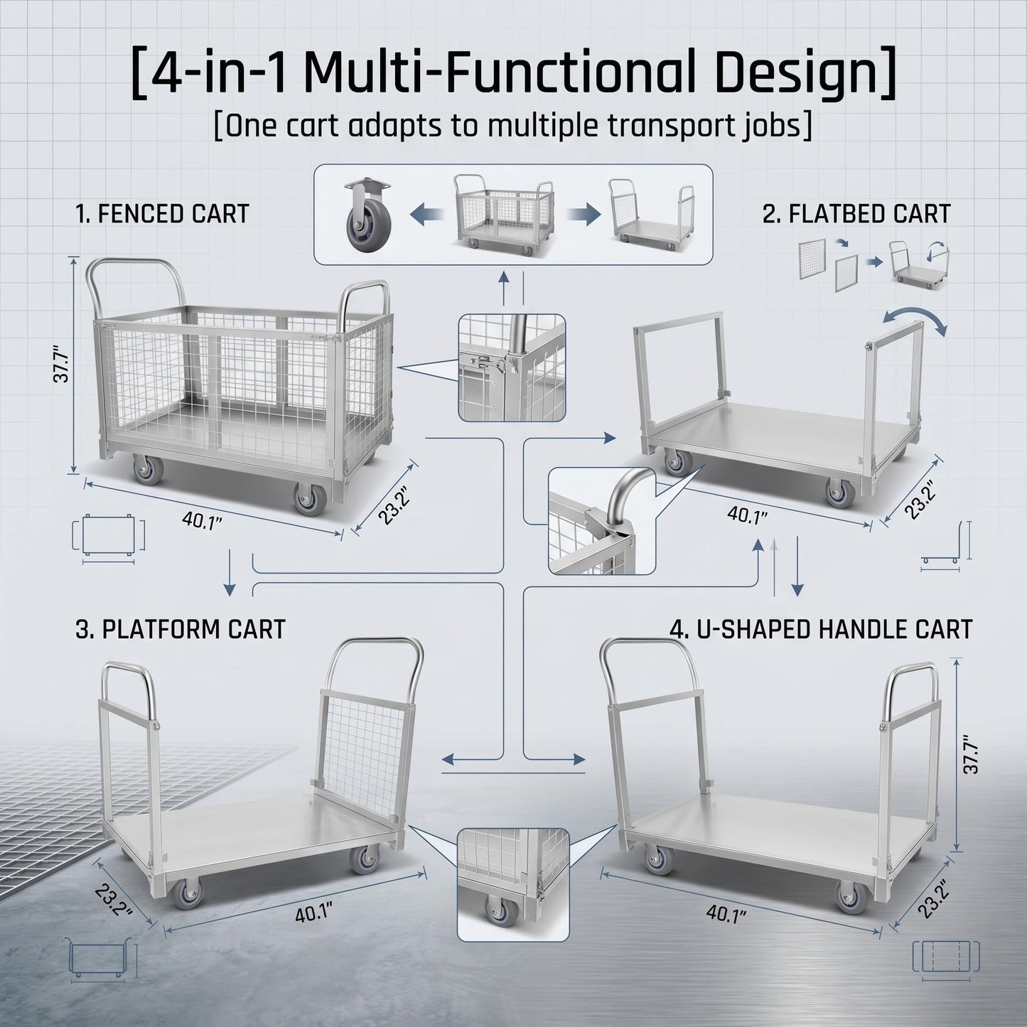 Platform cart, with cage, 4-in-1 Multi-Purpose Rolling Heavy-Duty cart, Rollable Folding cart, Load Capacity 2200 pounds, pushcart with 4 Wheels, Used in Grocery Stores,garages, Warehouses (Silver)