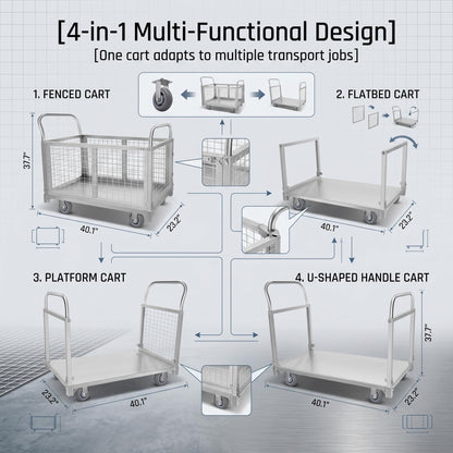 Platform cart, with cage, 4-in-1 Multi-Purpose Rolling Heavy-Duty cart, Rollable Folding cart, Load Capacity 2200 pounds, pushcart with 4 Wheels, Used in Grocery Stores,garages, Warehouses (Silver)