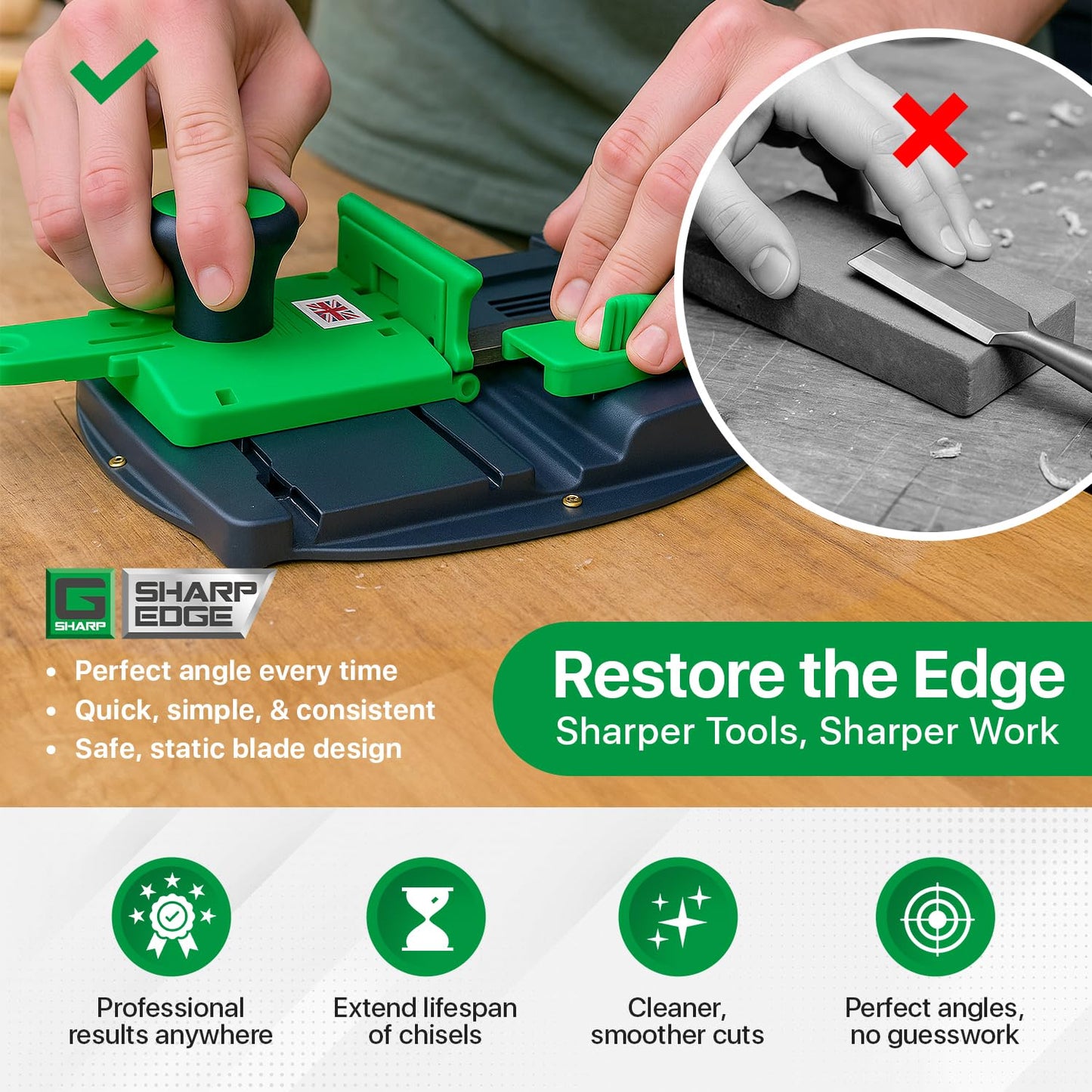 G Sharp Edge Chisel Sharpener - Chisel Sharpening Kit - Sharpens Blades from 3mm to 85mm Wide - Light, Robust and Easily Transported