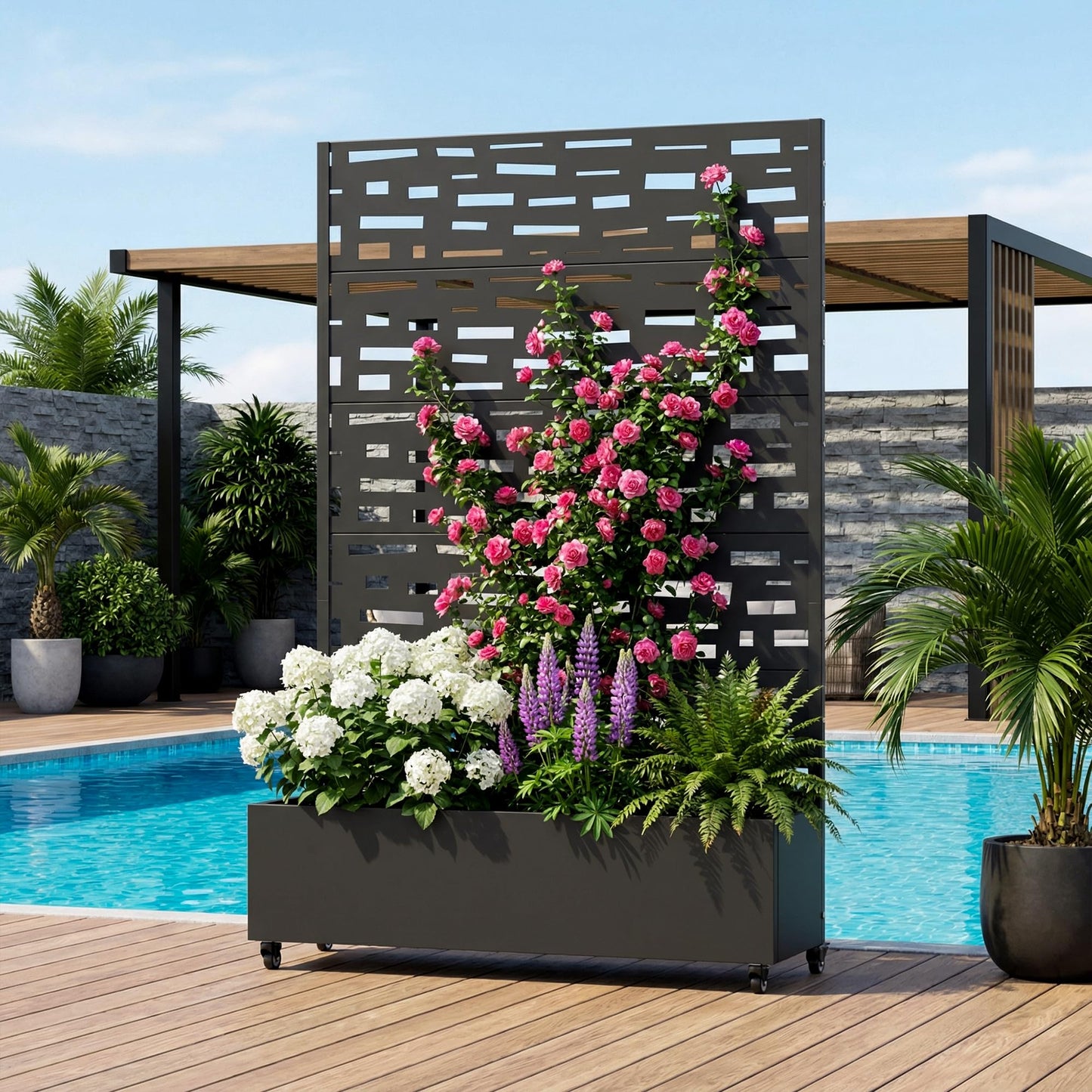 Wooakway 72" H Raised Garden Bed with Trellis and Wheels, Metal Privacy Screen Outdoor Planter Box for Patio, Backyard & Balcony, Large Capacity Mobile Vertical Planter for Climbing Plants, Black