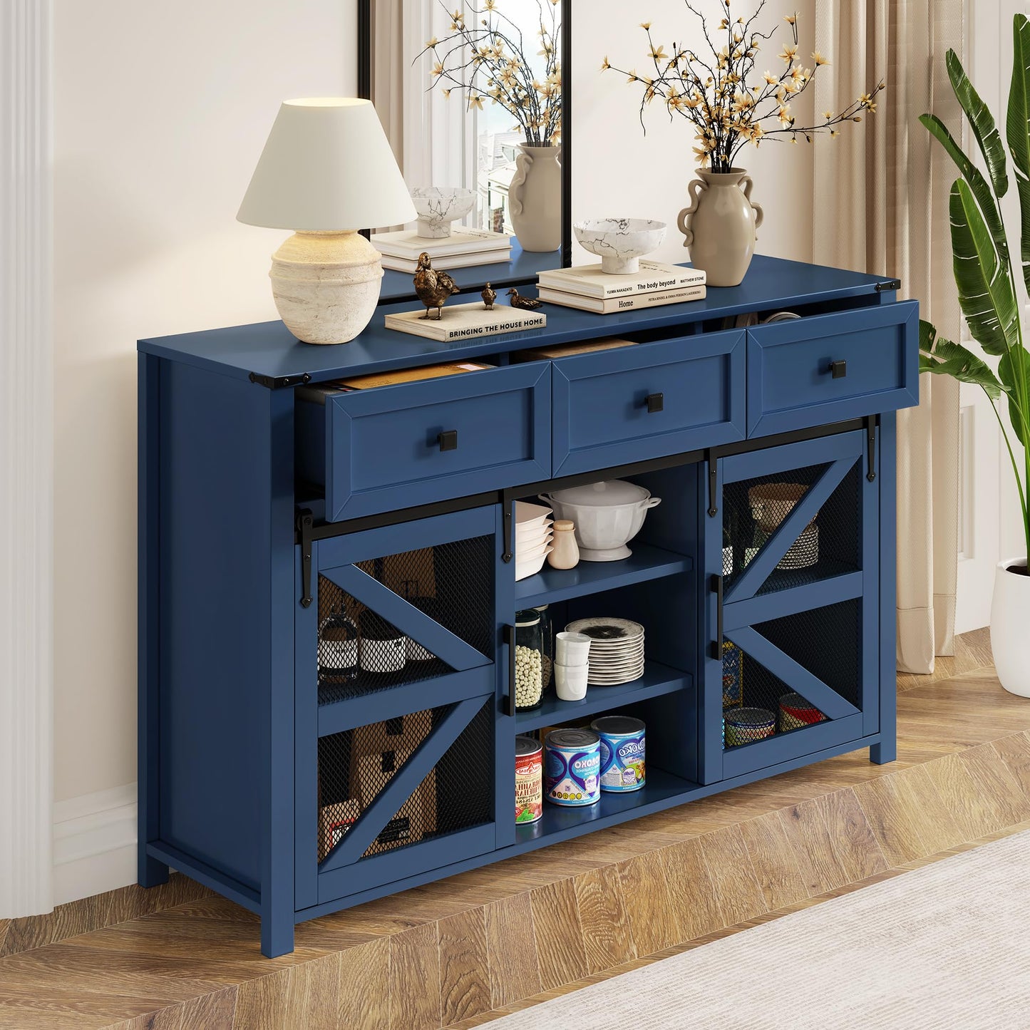 GDFStudio 55" Farmhouse Buffet Cabinet with Sliding Barn Mesh Doors & 3 Drawers, Sideboard Storage Cabinet with Adjustable Shelves, Coffee Bar Cabinet Credenza for Dining Room Living Room, Navy Blue