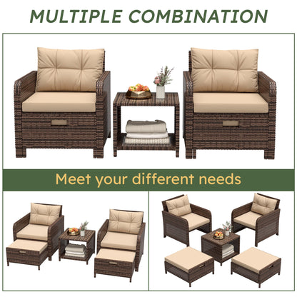 LHBcraft Outdoor Furniture 5 Piece Patio Conversation Set, PE Rattan Patio Set with Soft Cushions & Coffee Table, Outside Furniture with Hidden Ottoman for Porch, Lawn, Garden, Balcony, Brown