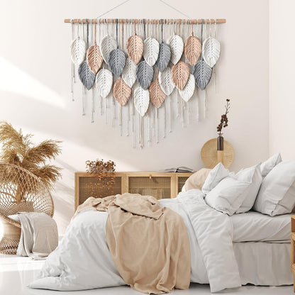 Alynsehom Large Macrame Wall Hanging, Boho Woven Tapestry, Chic Modern Bohemian Handmade Leaf Feather Wall Art Home Decor for Apartment Dorm Living Room Bedroom Nursery Backdrop (39" W X 29.5" L)