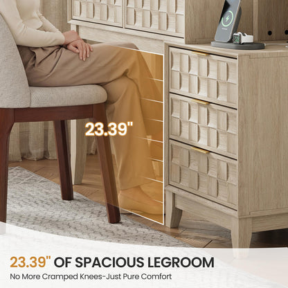 MALOL Vanity Desk, Checkerboard Wood 50" Dressing Table with 5 Drawers & 4 Storage Shelves, Large Glass Top Makeup Vanity with Built-in Power Strip with USB & Type-C, Oak Wood
