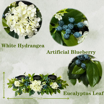 Svndlyn All Season Candle Holder Centerpiece for Table with Artificial Blueberry,White Hydrangea and Eucalyptus Leaf for Table Centerpiece Decor,Dining Room,Party Home Decor