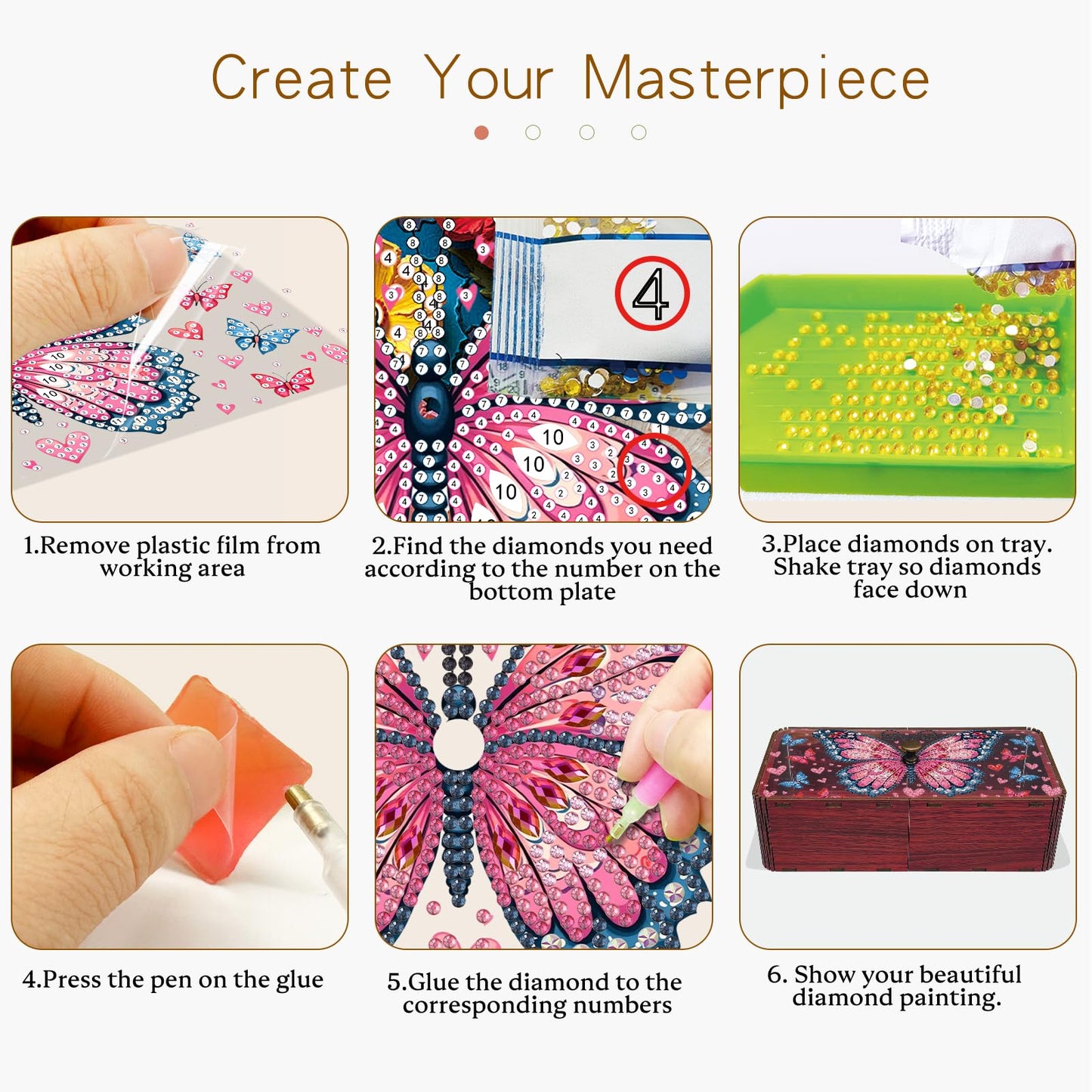 JBTM24 Diamond Art Painting Storage Box Kit, DIY Rectangular Wooden Decorative Container Holder with Lid, Snack Jewelry Gem Art Organizer Case for Adults (Butterfly)