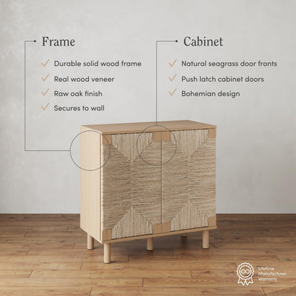 Nathan James Beacon Boho TV Stand, Free Standing Kitchen Cabinet Storage with Adjustable Interior Shelf and Seagrass Accent, Seagrass/Raw Oak, Set of 2
