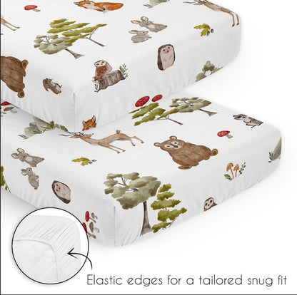 Sweet Jojo Designs Woodland Forest Animals Boy Girl Gender Neutral Unisex Baby Mini Crib Bedding Set Infant Nursery Room Newborn Blanket Portable Pack n Play Sheets 3p Bear Fox Hedgehog Deer Squirrel