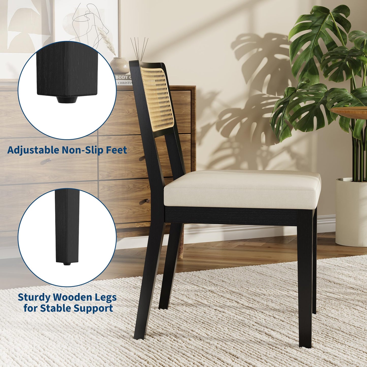 Garvee Rattan Dining Chairs Set of 4, French Country Upholstered Dining Chairs Wood Frame, Rattan Backrest, Armless Chair for Kitchen Restaurant Dining Room Bedroom, Linen, Black