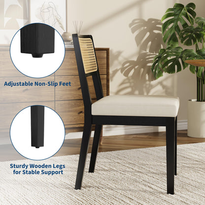 Garvee Rattan Dining Chairs Set of 4, French Country Upholstered Dining Chairs Wood Frame, Rattan Backrest, Armless Chair for Kitchen Restaurant Dining Room Bedroom, Linen, Black