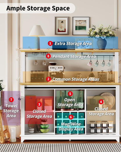 55 in Farmhouse Coffee Bar Cabinet with 3-Mode LED Light and Power Outlet - Large Kitchen Hutch with Sliding Barn Door - Wine Cabinets with Storage Drawers and Wine Glass Rack for Home and Living Rome
