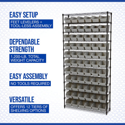 Strongway 12-Tier Single Side Wire Shelving Unit with 66 Bins - 39.5in.L x 16in.W x 80.5in.H