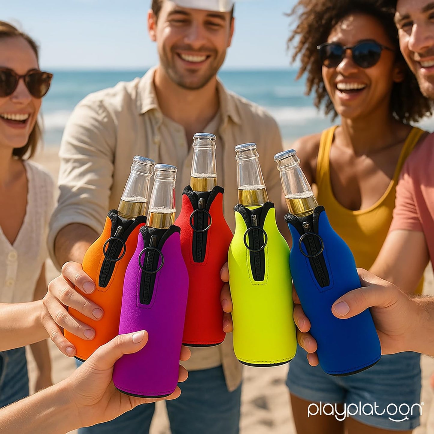 Cozy 12 oz 6 Pack Play Platoon Beer Bottle Cooler Sleeves for Party - Collapsible Neoprene Insulators - Insulated Beer