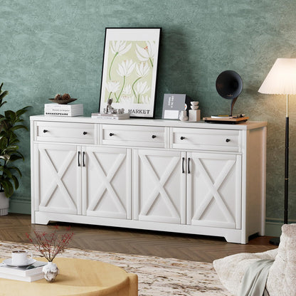 Lyromix 66'' Farmhouse Sideboard Buffet Cabinet with Storage, Large Kitchen Storage Cabinet with Barn Doors Drawers, White Coffee Bar Table for Dining Room Kitchen