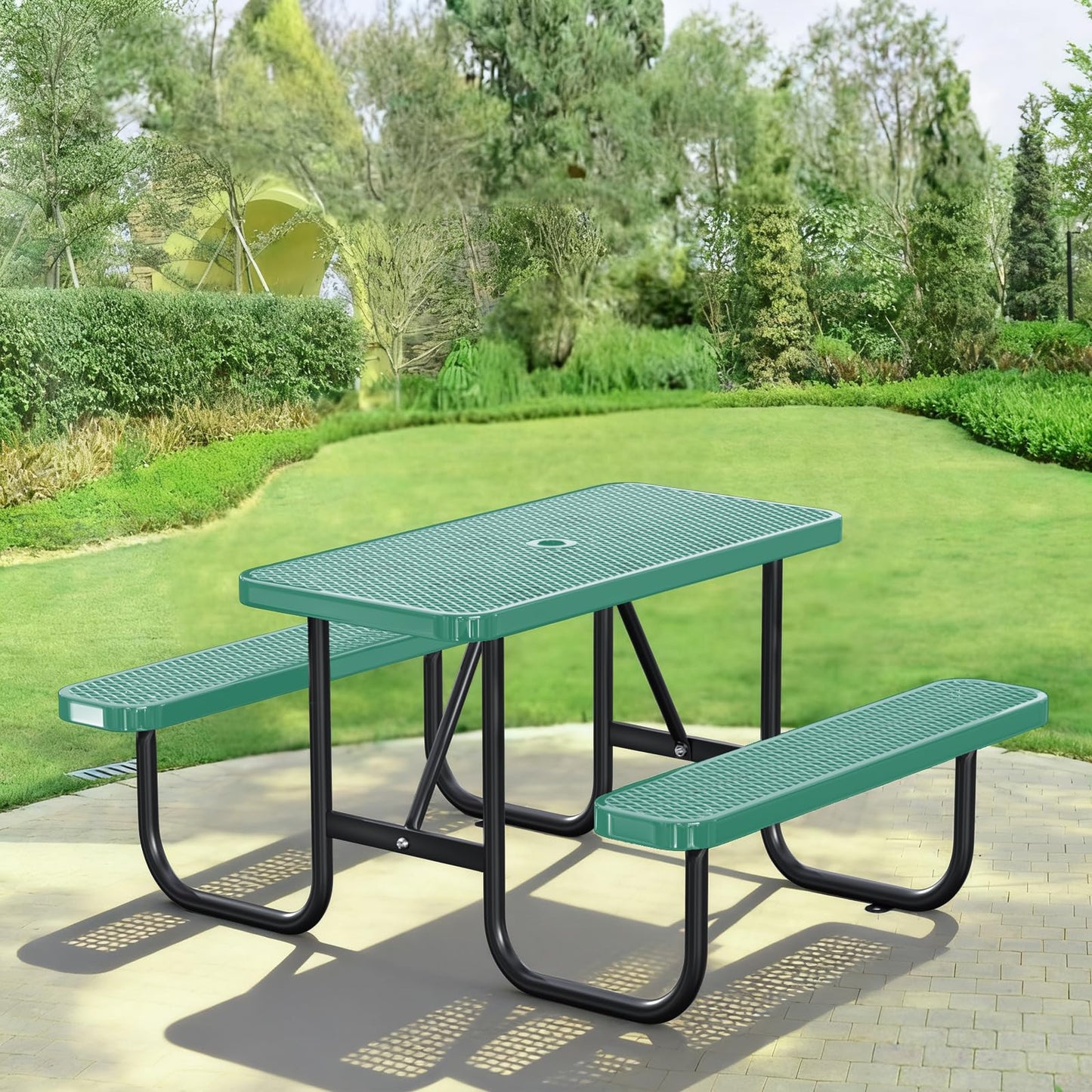 Gaonala 4FT/48IN Heavy Duty Outdoor Picnic Table and 2 Benches for 2-6 People, Weather Resistant Rectangular Steel Picnic Table Set with Umbrella Hole for Yard Patio Lawn Party Green