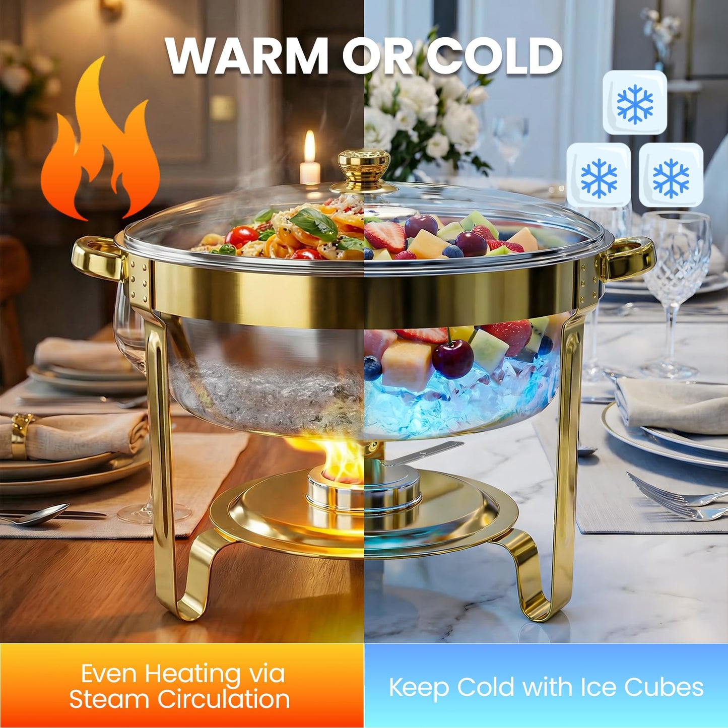 Gold Chafing Dishes for Buffet Set of 4 Pack, 6QT Round Buffet Servers and Warmers Set with 4 Spoons, 4 Slotted Spoons, 4 Tongs, 2 Gloves, Chafers and Buffet Warmers Sets for Wedding, Birthday,Party