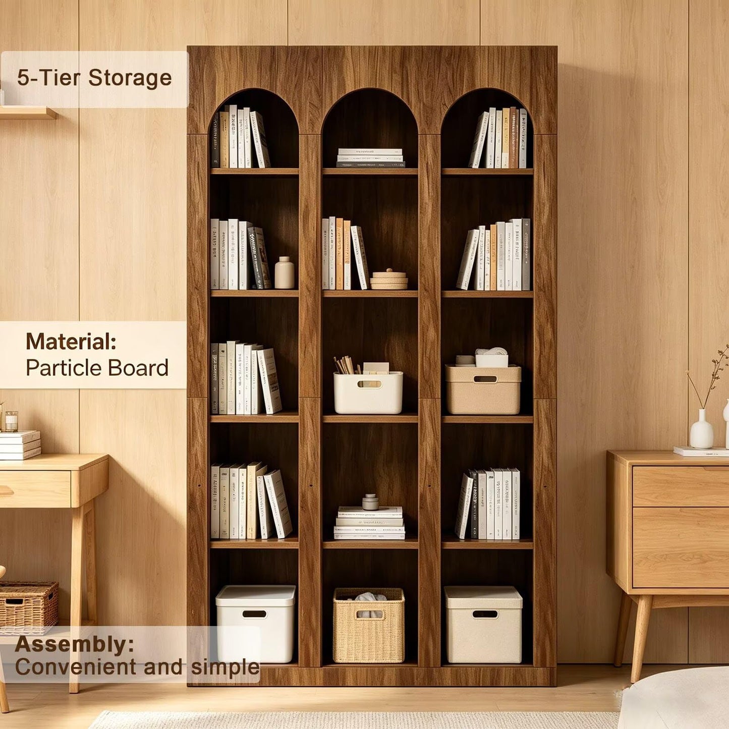 GTYLOPEE Arched 5-Tier Bookcase-Farmhouse Open Storage Bookshelf with 15 Cubbies Tall Freestanding Display Shelf for Living Room Home Office Bedroom(Black)