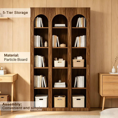 GTYLOPEE Arched 5-Tier Bookcase-Farmhouse Open Storage Bookshelf with 15 Cubbies Tall Freestanding Display Shelf for Living Room Home Office Bedroom(Black)