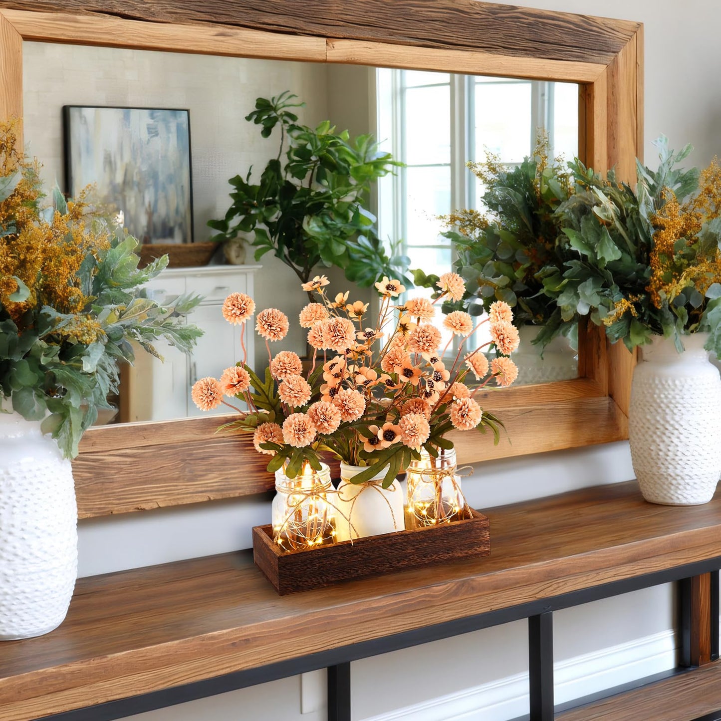 Suncalla 3 Pcs Summer Mason Jar Centerpiece Table Decorations Khaki Faux Kiku Flowers Decorations with Wood Tray and LED Light for Dining Kitchen Bathroom Farmhouse Coffee Table Decor