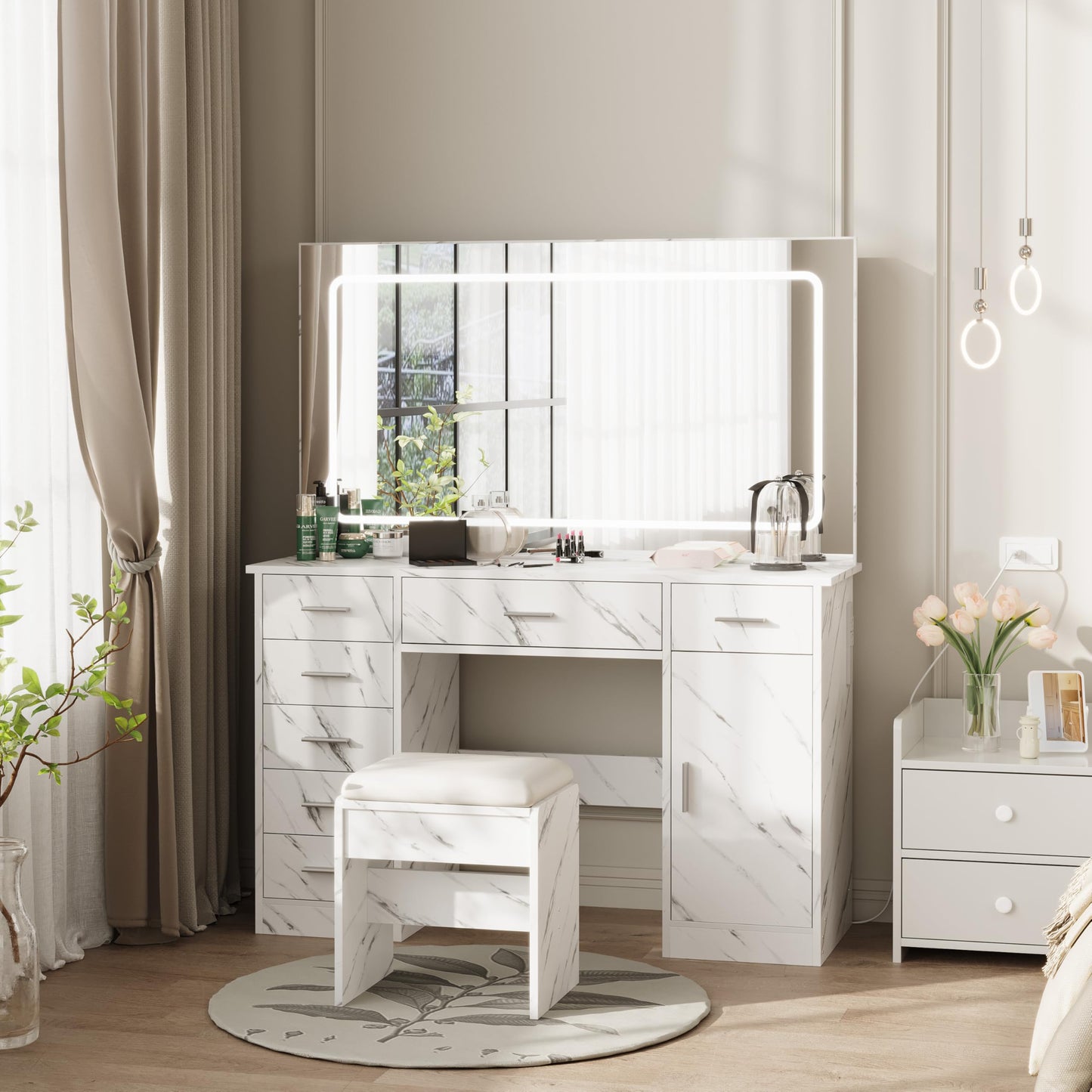 GarveeTech Makeup Vanity, Vanity Desk with Large Mirror and Lights, Charging Station, 3 Lighting Modes Adjustable Brightness, Vanity Table Set with 7 Drawers, Makeup Table for Bedroom