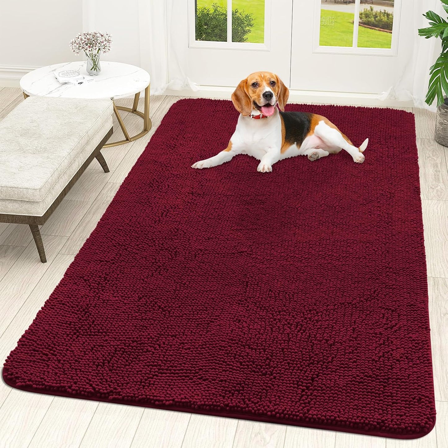 OLANLY Dog Door Mat - Absorbent Non-Slip Washable Doormat for Muddy Paws | 59x35 Burgundy
