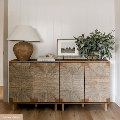 Nathan James Beacon Accent Natural Sideboard Storage Cabinet TV Stand in Light Wood with Adjustable Interior Shelf and Seagrass Doors, for Hallway, Entryway or Dining Room, Light Brown, Set of 2