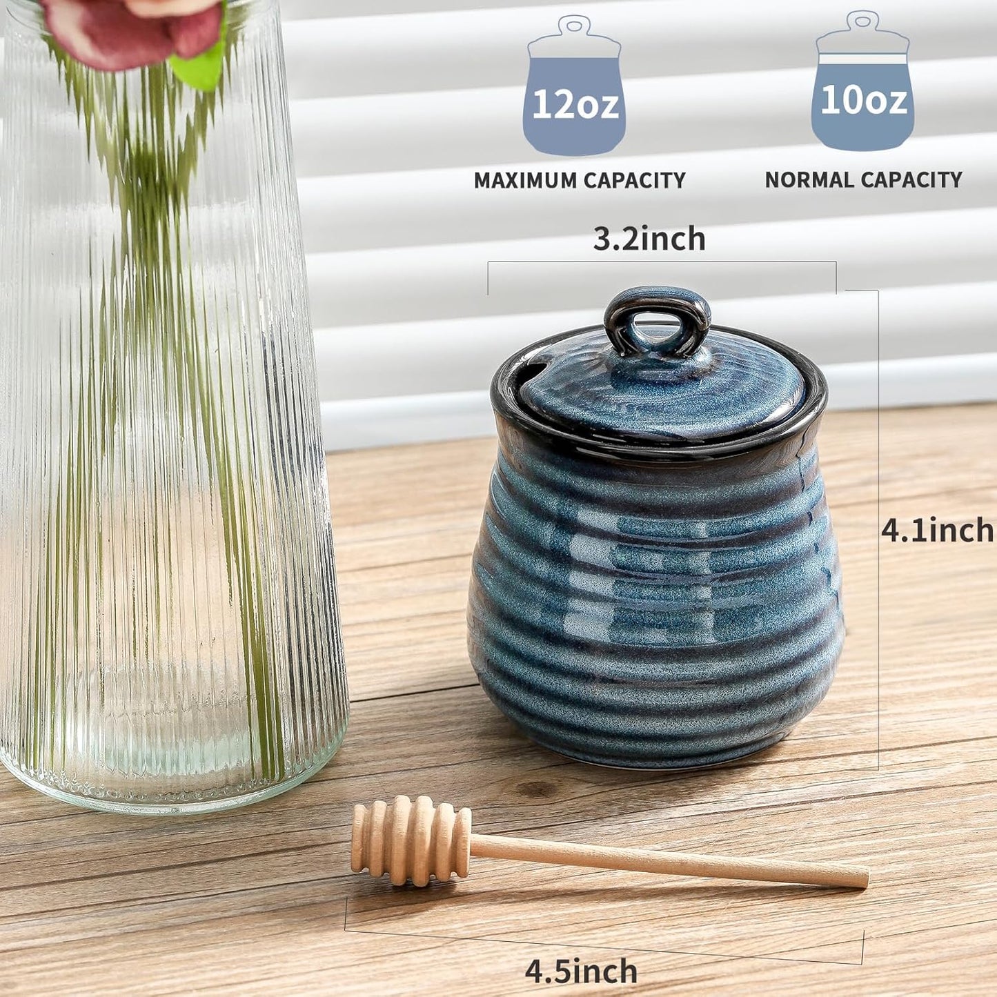 12 Set,Porcelain Ceramic Ounce Honey Jar and Dipper Honey Pot with Lid and Wooden Dipper,Cute Honey Containers