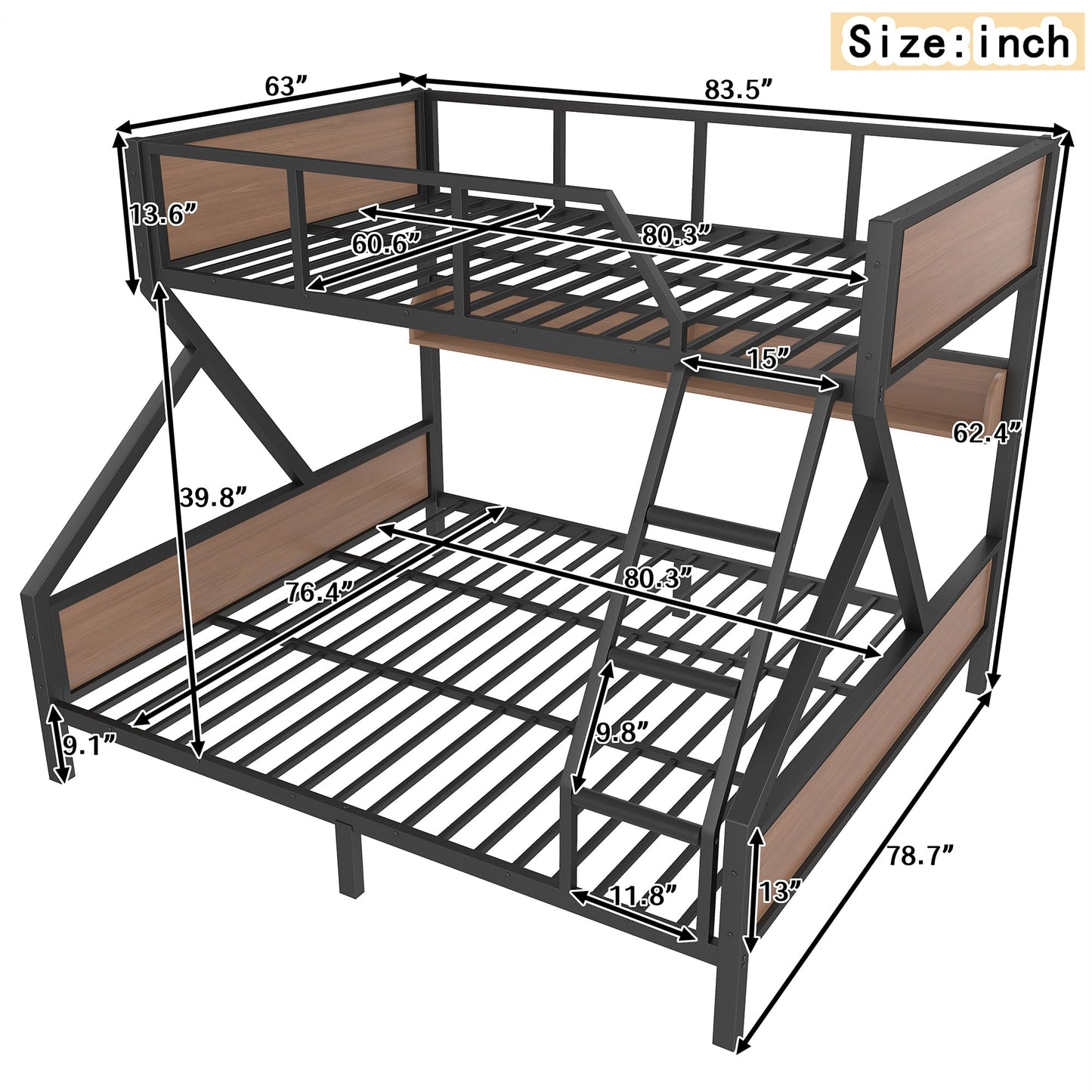 Bellemave Queen Over King Size Bunk Bed with Storage Shelves and LED Lights,Heavy Duty Adult Bunk Beds with Angled Ladder,Metal Queen Bunk Bed,Black