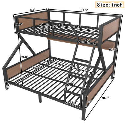 Bellemave Queen Over King Bunk Bed with Storage Shelf & LED Lights, Heavy Duty Metal Bunk Bed Frame with Guardrails & Ladder, No Box Spring Needed, Black