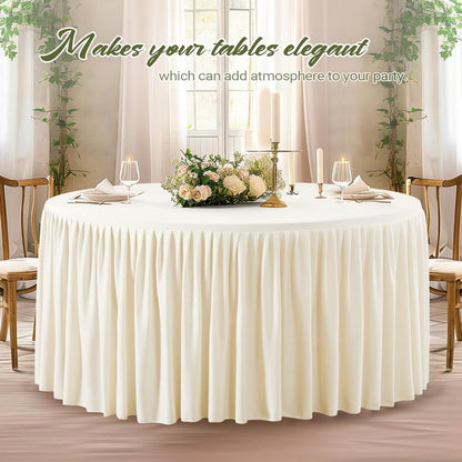 Wish Care 2 Packs 6FT Round Tablecloth 72Inch, Ivory Stretchy Fitted Table Cloths, Wrinkle Resistant Polyester Table Cover with Pleated Ruffle Skirt for Party, Wedding and Banquet Decoration