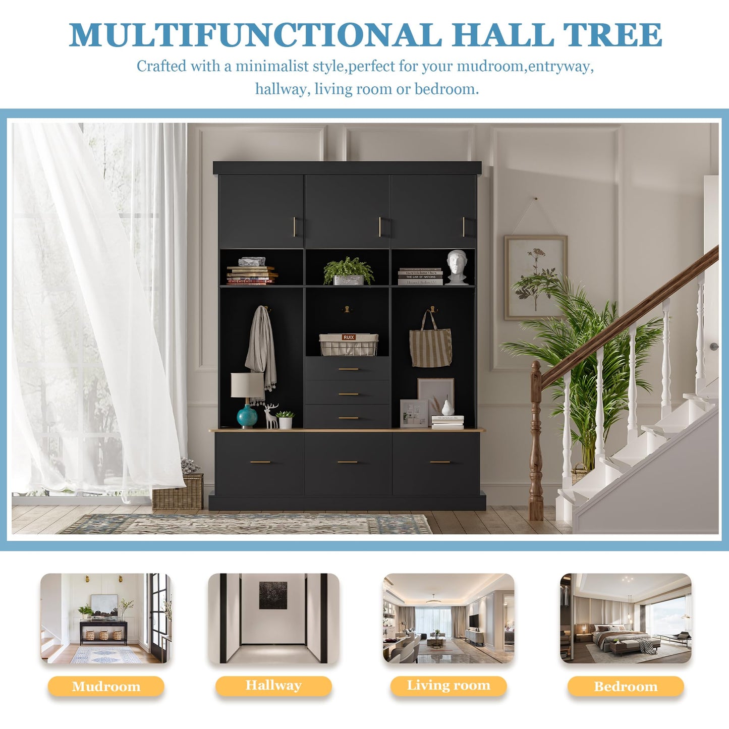 Amposei Hall Tree with Storage Bench & Coat Rack 58’’W Modern Tall Entryway Oranizer Cabinet with 6 Drawers, 3 Metal Hooks for Living Room Hallway Mudroom, Black