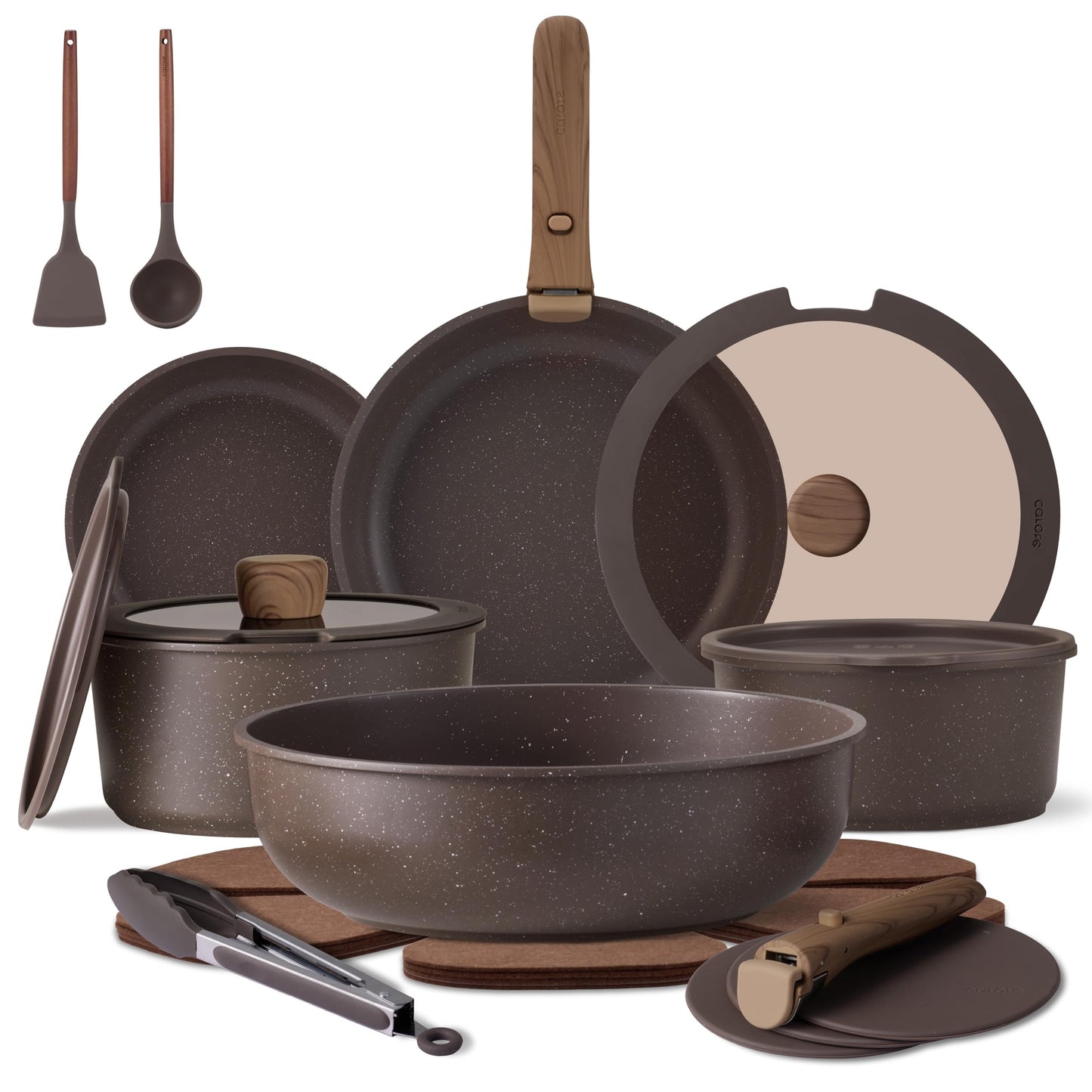 CAROTE 21PCS Pots and Pans Set Non Stick with Detachable Handle, Nonstick Cookware Sets, Cooking Kitchen Set, Oven/Dishwasher Safe, Induction Cookware, Brown, RV Kitchen Pot and Pan