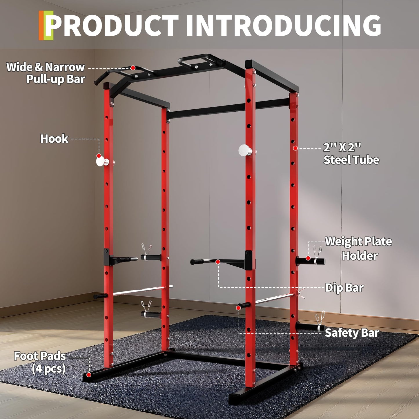 Garvee Power Cage, Squat Rack for Home Gym, 1100LB Capacity Power Rack with Pull-Up Bar, Adjustable Safety Bars, Strength Training for Home Gym, Red