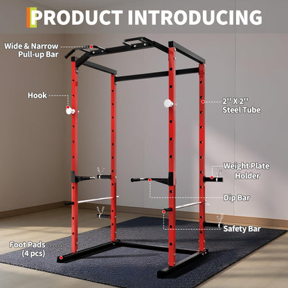 Garvee Power Cage, Squat Rack for Home Gym, 1100LB Capacity Power Rack with Pull-Up Bar, Adjustable Safety Bars, Strength Training for Home Gym, Red
