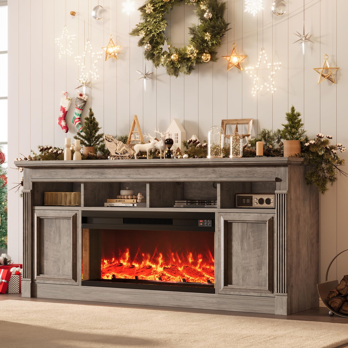 Garvee 68" Farmhouse Electric Fireplace TV Stand, Entertainment Center with Open Storage Cabinets for TVs up to 75", Media Console for Living Room,Grey