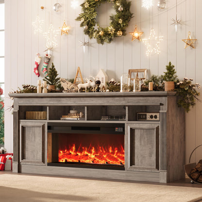 Garvee 68" Farmhouse Electric Fireplace TV Stand, Entertainment Center with Open Storage Cabinets for TVs up to 75", Media Console for Living Room,Grey