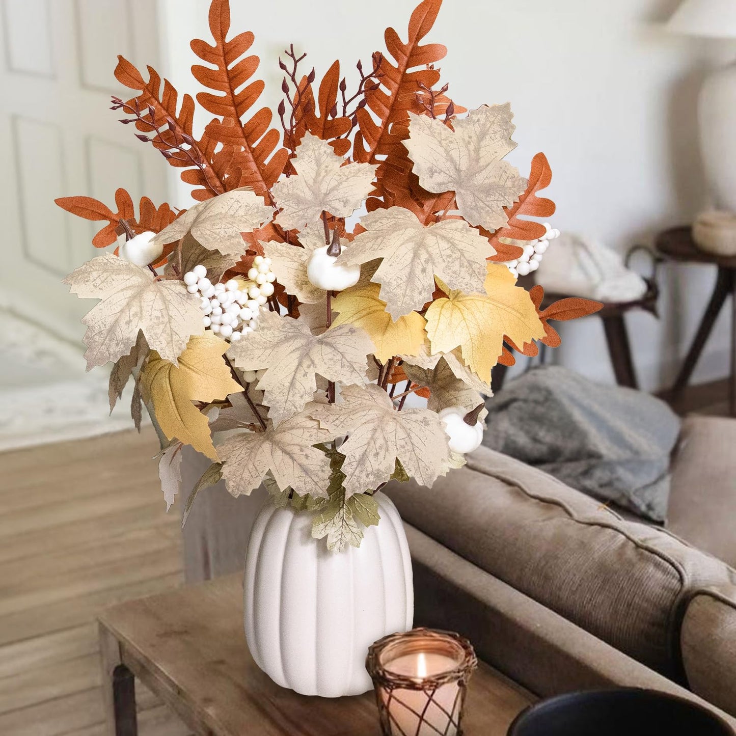 Fall Decor - Ceramic Pumpkin Vase with 15 PCS Autumn Maple Leaf Pumpkin Berry Stems - Table Centerpieces Thanksgiving Farmhouse Neutral Harvest Decorations for Home Indoor Dining Room Kitchen