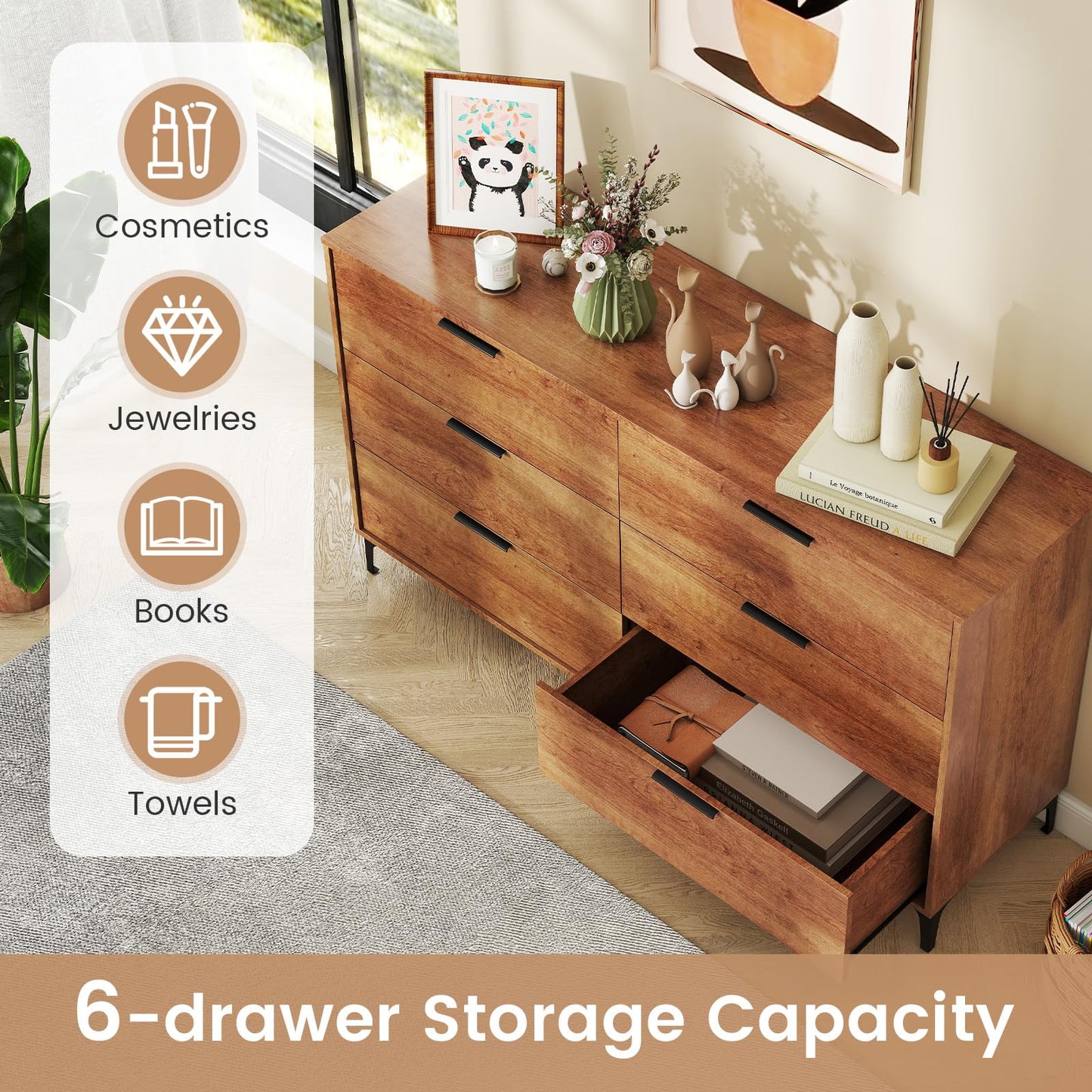 Giantex Wooden 6-Drawer Storage Cabinet w/Anti-Tip Kit & Sturdy Metal Legs, 59” Mid-Century Modern Storage Organizer for Hallway, Kitchen, Living Room, Entryway