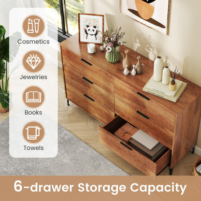 Giantex Wooden 6-Drawer Storage Cabinet w/Anti-Tip Kit & Sturdy Metal Legs, 59” Mid-Century Modern Storage Organizer for Hallway, Kitchen, Living Room, Entryway