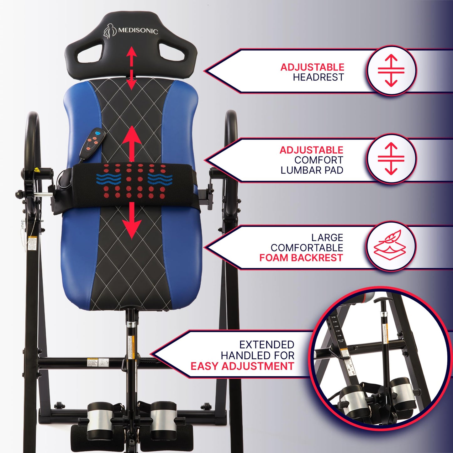 MediSonic Pro Inversion Table with Adjustable Heat & Vibrating Massage Lumbar Pad, Diamond-Stitched Comfort Backrest, Multiple Inversion Angles, 300 lb Capacity, Home Use, Blue