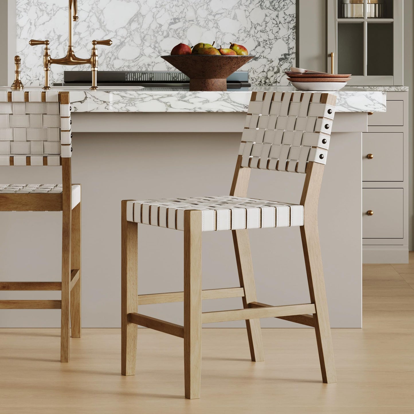 Nathan James Cohen Mid Century Modern Bar Stool, Upholstered Faux Leather Counter Stool with Back and Solid Wood Legs, Off White