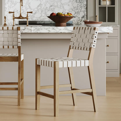 Nathan James Cohen Mid Century Modern Bar Stool, Upholstered Faux Leather Counter Stool with Back and Solid Wood Legs, Off White