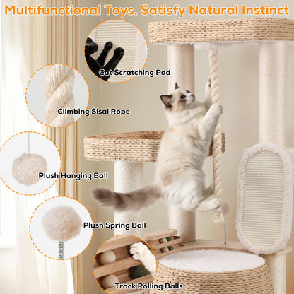 EMUST Luxury Modern Cat Tree Tower 50IN - Heavy-Duty Multi-Level Cat Condo with Extra-Large Hand-Woven Rattan Bed & Thickened Scratching Post for Indoor Cats Large Adult